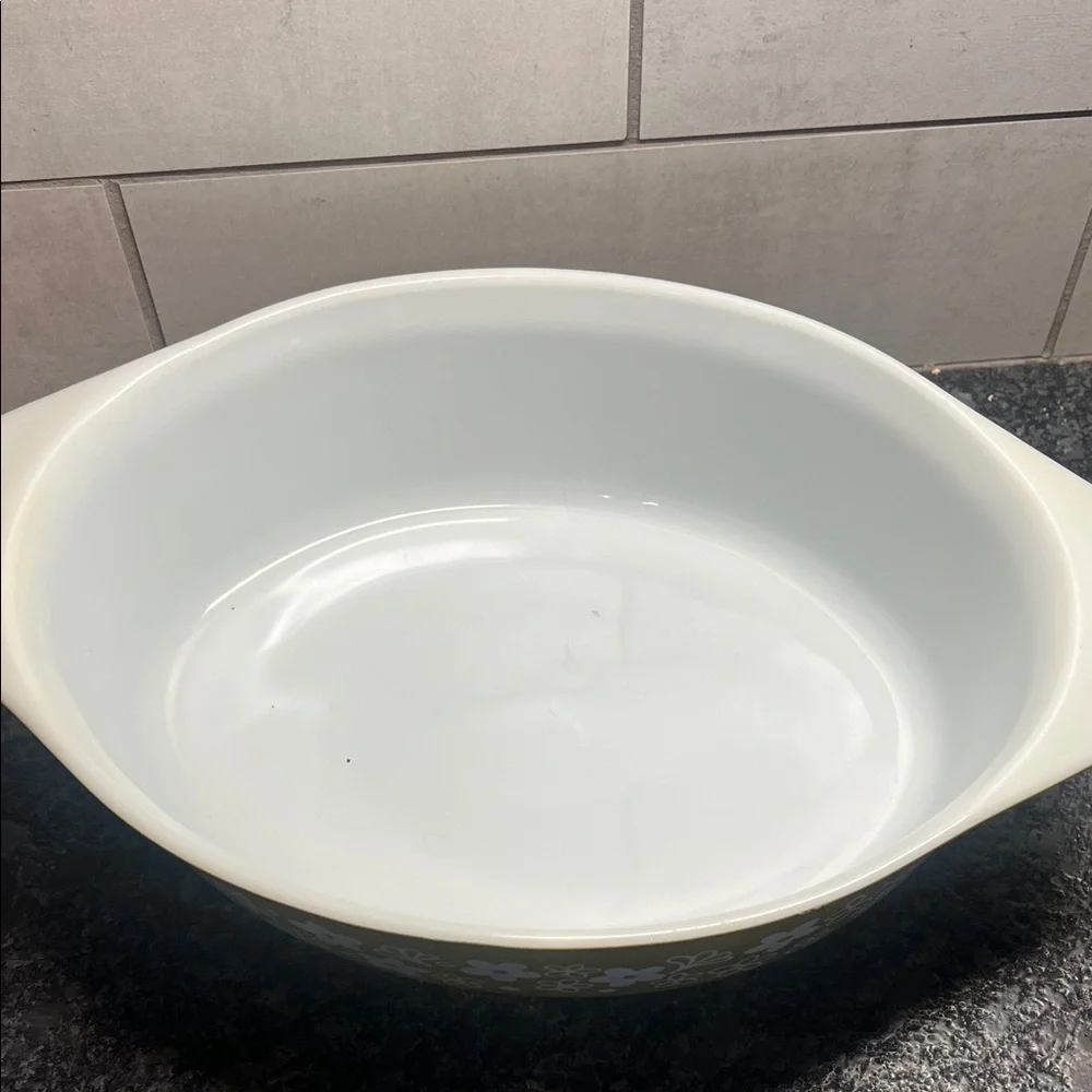 Vintage Pyrex Floral Spring Blossom or Crazy Daisy Casserole Dish - Olive Green